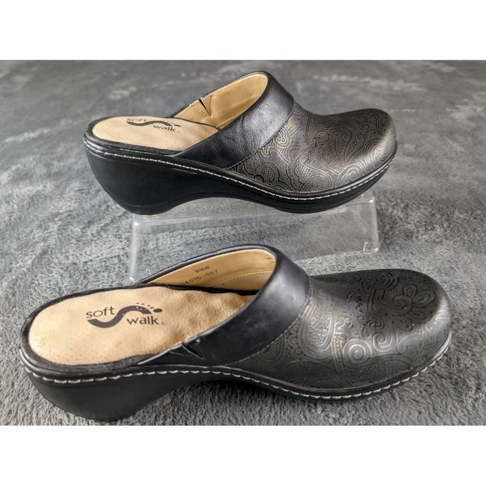 SoftWalk Black Leather Paisley Embossed Clogs Mules Slip On Comfort Shoes EUC‎ - Picture 4 of 8
